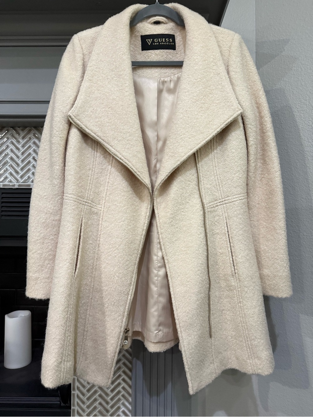 GUESS Cream Open-Front Wool-Blend Pea Coat